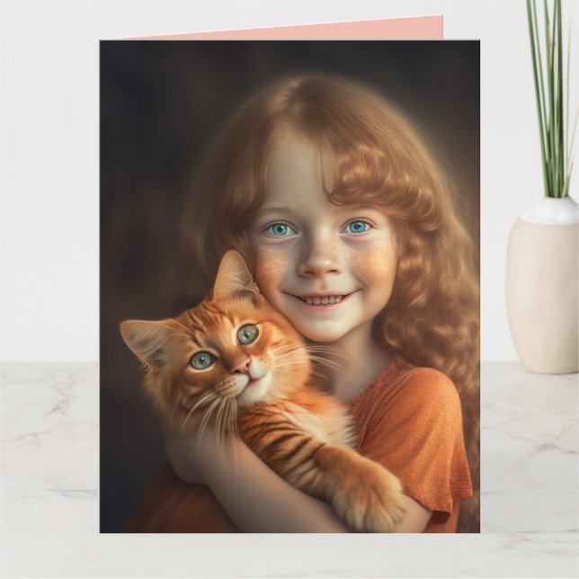 GINGER CAT & REDHEAD GIRL BIG BIRTHDAY CARD (Front)