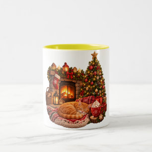 Ginger Cat Sleeping by Fireplace Christmas Clipart Two-Tone Coffee Mug