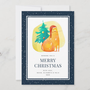 Ginger Cat Tree Snow Blue Merry Christmas Card