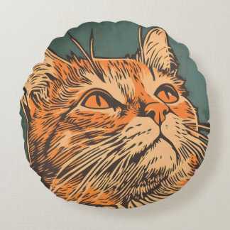 Ginger Cat Vintage Lino Print Round Cushion
