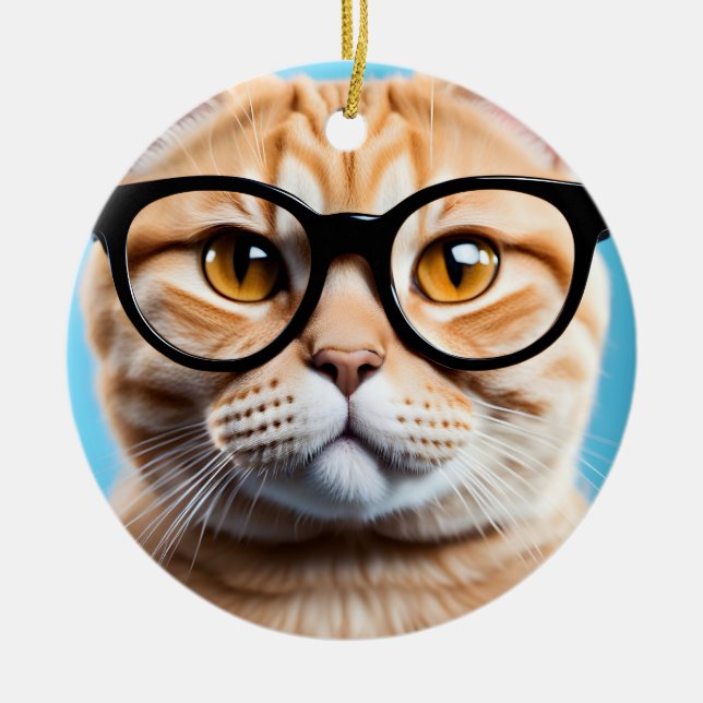 Ginger Cat Wearing Glasses Ceramic Ornament (Front)