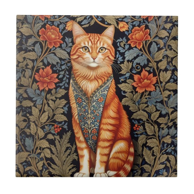 Ginger Cat William Morris Inspired Floral Ceramic Tile (Front)