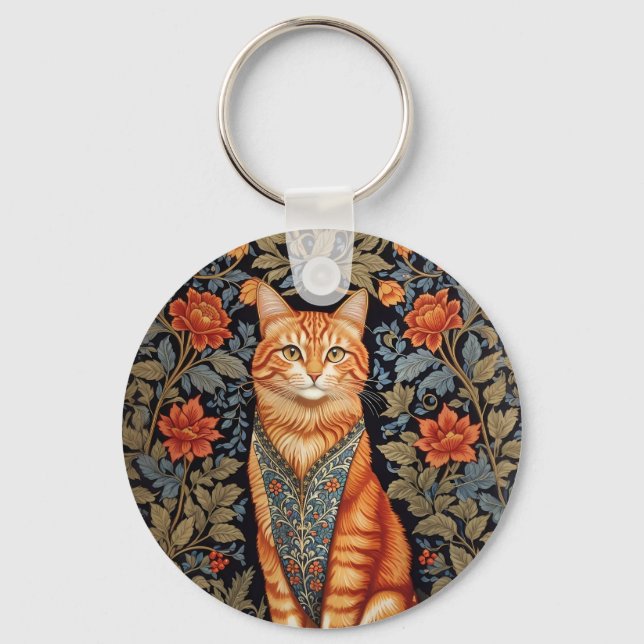 Ginger Cat William Morris Inspired Floral Key Ring (Front)