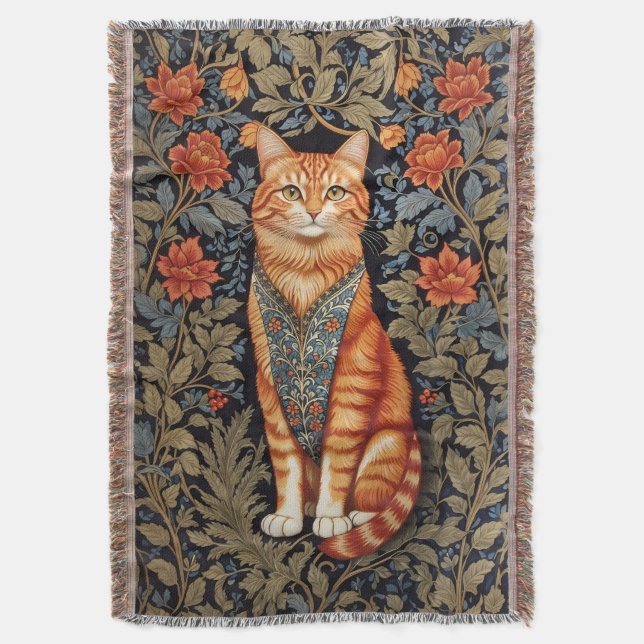 Ginger Cat William Morris Inspired Floral Throw Blanket (Front Vertical)