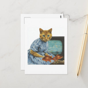 Ginger Cat With Goldfish and TV Retro Collage Postcard