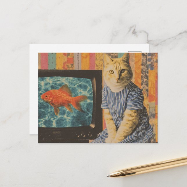 Ginger Cat With Goldfish on TV Retro Collage Postcard (Front/Back In Situ)