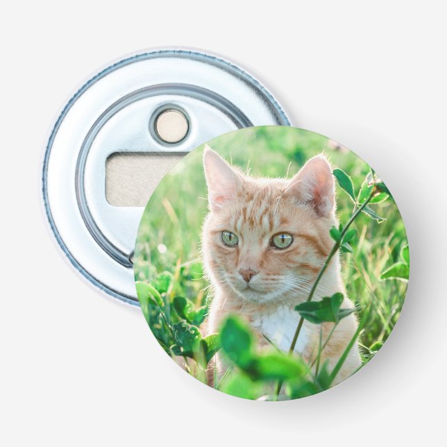 Ginger Cat with Green Eyes in Grass Bottle Opener (Front)