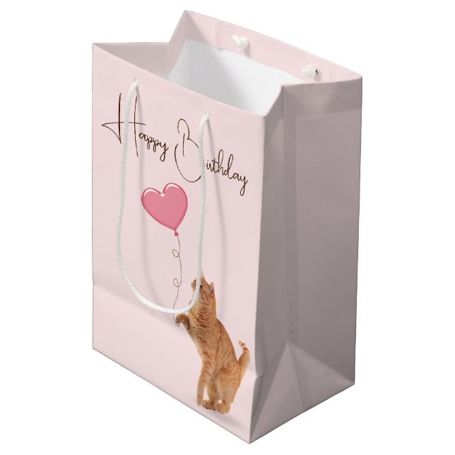 Ginger Cat With Pink Heart Balloon Medium Gift Bag (Front Angled)