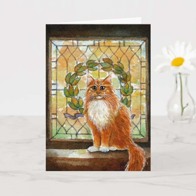 Ginger cat with Victorian stained glass window Card (Small Plant)