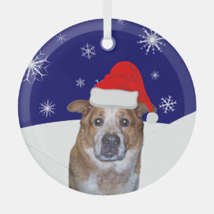 Ginger Dog in Santa Hat with Snowy Hills   Glass Tree Decoration