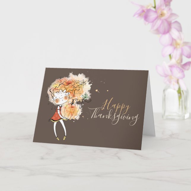 Ginger Girl with Pumpkin Thanksgiving   Card (Orchid)