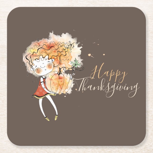 Ginger Girl with Pumpkin Thanksgiving  Square Paper Coaster (Front)
