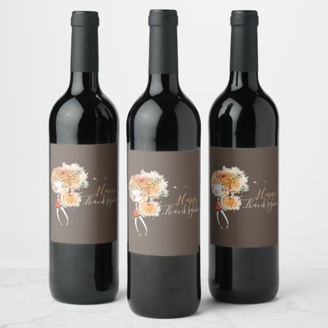 Ginger Girl with Pumpkin Thanksgiving  Wine Label (Bottles)