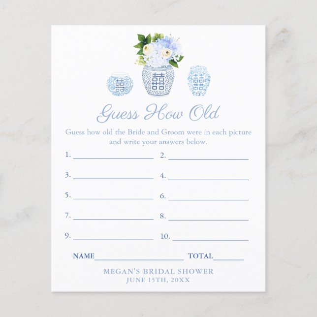 Ginger Jar Blue And White Bridal Shower Game Card (Front)