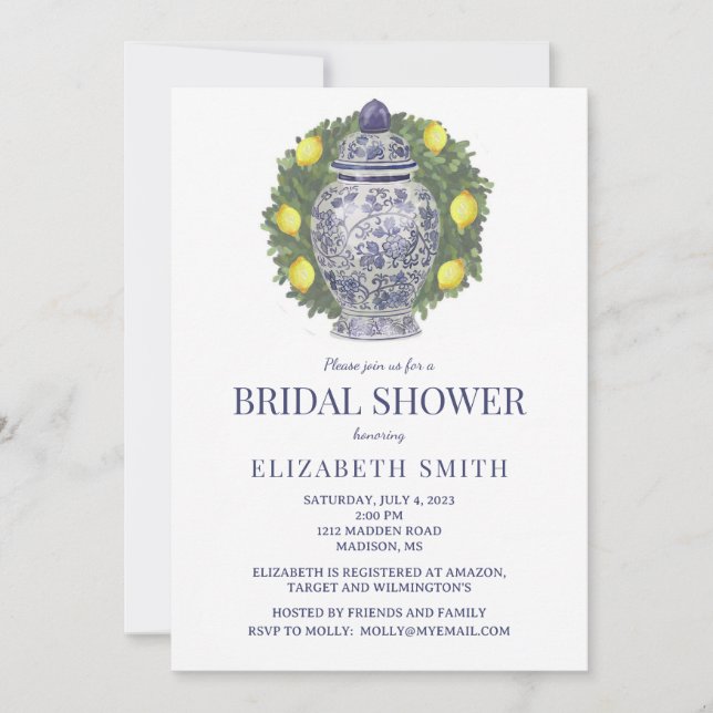 Ginger Jar & Boxwood with Lemons Shower Invitation (Front)