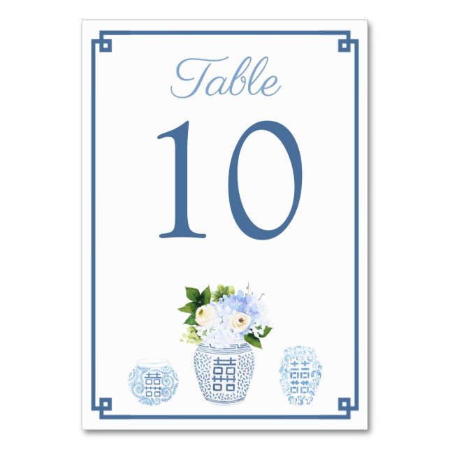 Ginger Jar Chinoiserie Chic Blue And White Wedding Table Number (Front)