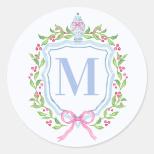 Ginger Jar & Christmas Berries Monogram Classic Round Sticker