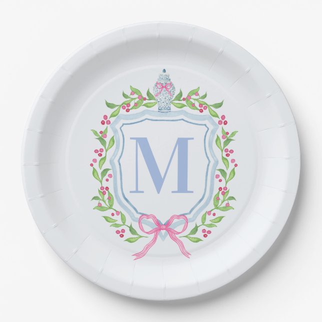 Ginger Jar & Christmas Berries Monogram Paper Plate (Front)