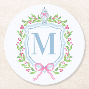 Ginger Jar & Christmas Berries Monogram Round Paper Coaster