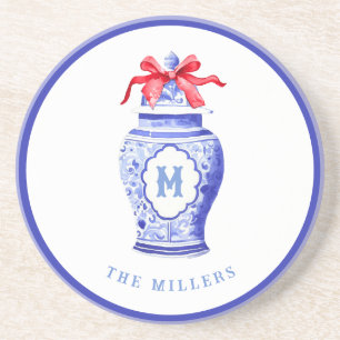 Ginger Jar Monogram Red Bow Coaster