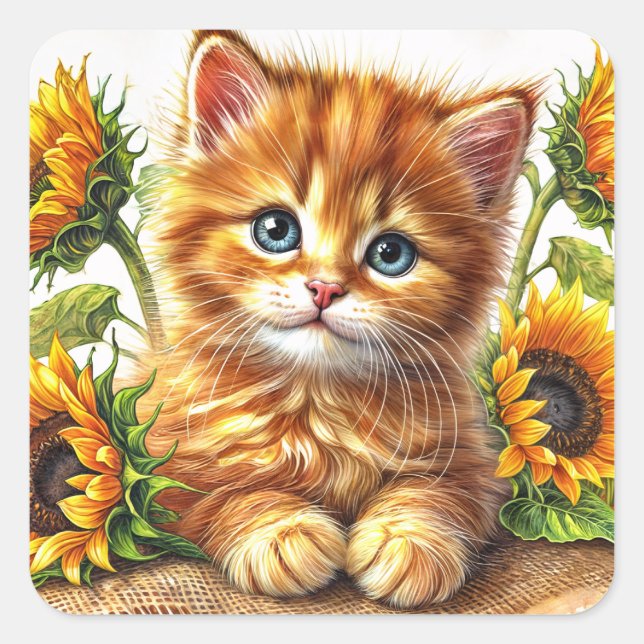 Ginger Kitten Among Sunflowers Art Square Sticker (Front)
