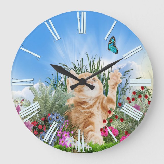 Ginger kitten playing with a butterfly large clock (Front)
