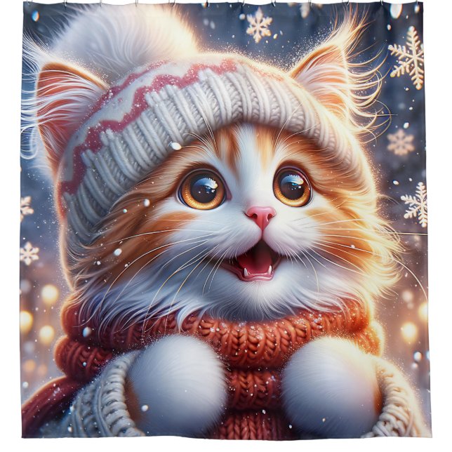“Ginger Kitten’s First Snowfall" Shower Curtain (Front)
