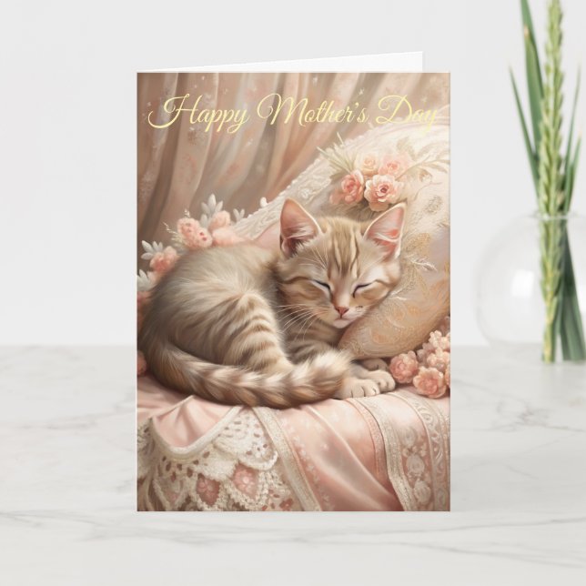 Ginger Kitten Sleeping (Shabby Chic) Mother's Day Holiday Card (Front)
