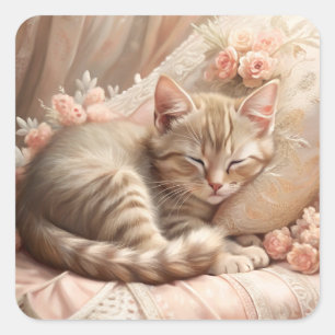 Ginger Kitten Sleeping (Shabby Chic) Square Sticker