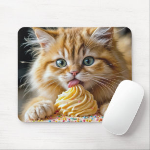 Ginger Kitten With Licking a Birthday Cake Mouse Pad