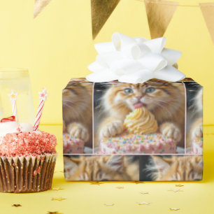 Ginger Kitten With Licking a Birthday Cake Wrapping Paper