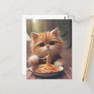 Ginger Kitty Eats Spaghetti Postcard