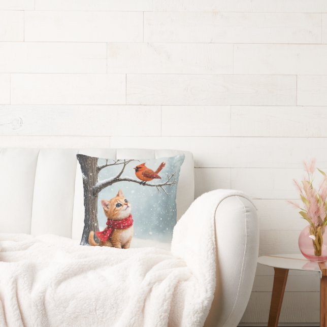 Ginger Kitty Watching a Winter Cardinal Cushion (Couch)