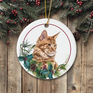 Ginger Maine Coon Cat Evergreen Berry Wreath Ceramic Ornament