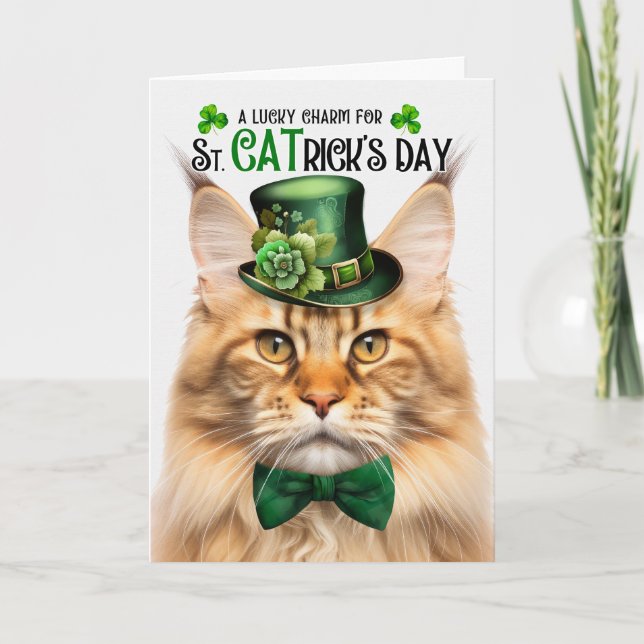 Ginger Maine Coon St CATrick's Day Lucky Charm Holiday Card (Front)