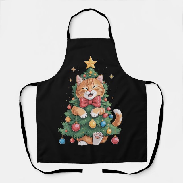 Ginger Orange Cat Christmas Tree Cute Xmas  Apron (Front)