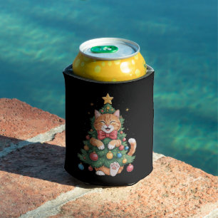 Ginger Orange Cat Christmas Tree Cute Xmas  Can Cooler