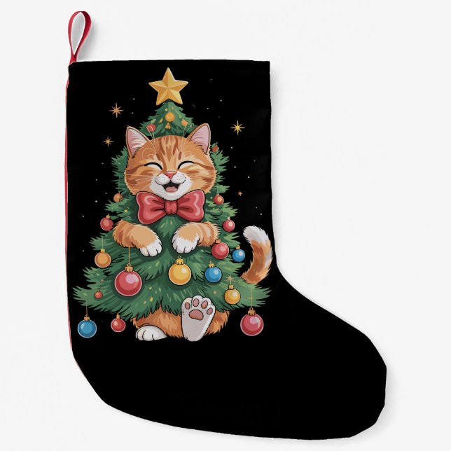 Ginger Orange Cat Christmas Tree Cute Xmas  Small Christmas Stocking (Front)