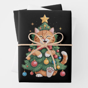 Ginger Orange Cat Christmas Tree Cute Xmas  Wrapping Paper Sheet
