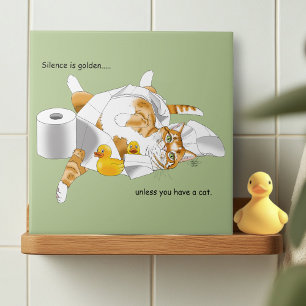 Ginger Orange Cat Funny Toilet Paper Green Ceramic Tile