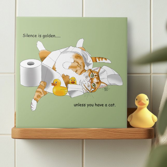 Ginger Orange Cat Funny Toilet Paper Green  Ceramic Tile (Creator Uploaded)