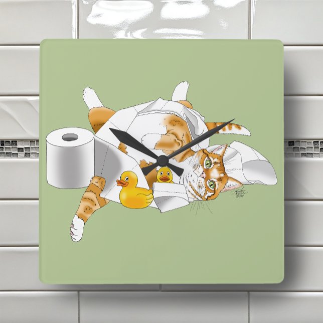 Ginger Orange Cat Funny Toilet Paper Green Square Wall Clock (Creator Uploaded)