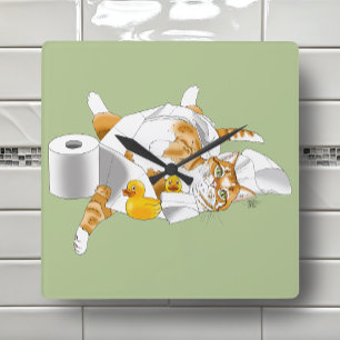 Ginger Orange Cat Funny Toilet Paper Square Wall Clock