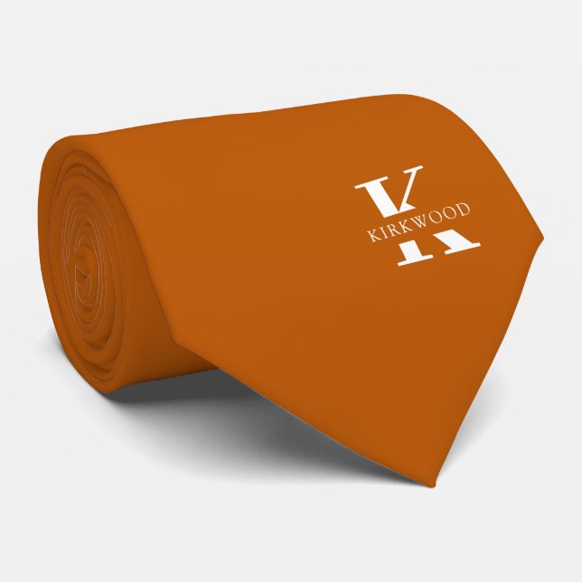 Ginger Orange Elegant Monogram + Name | One-Sided Tie (Rolled)