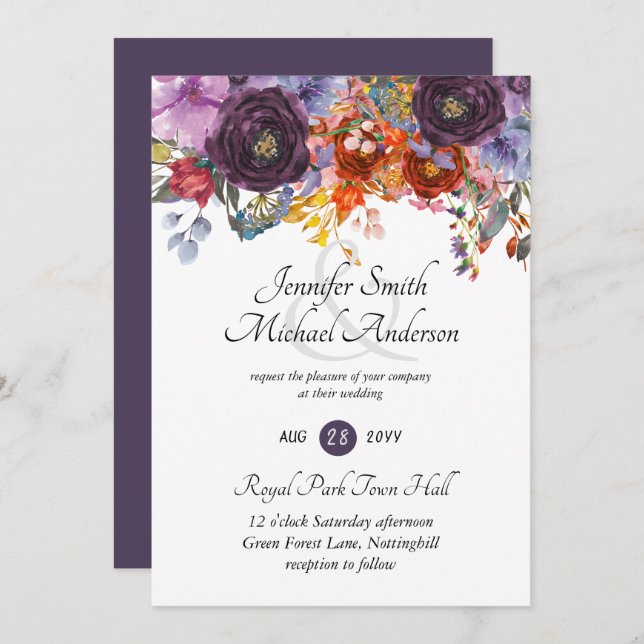 Ginger Purple Autumn Fall Floral Wedding Invites (Front/Back)