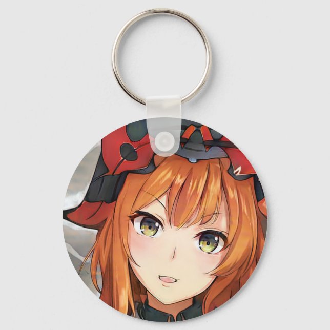 Ginger red haired anime girl green eyes black red key ring (Front)