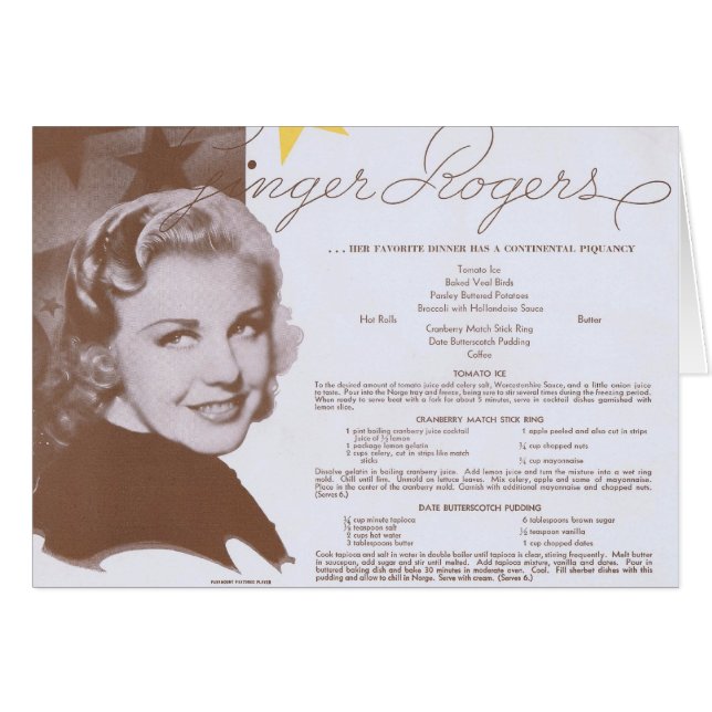 Ginger Rogers Vintage Dinner Party Menu (Front Horizontal)