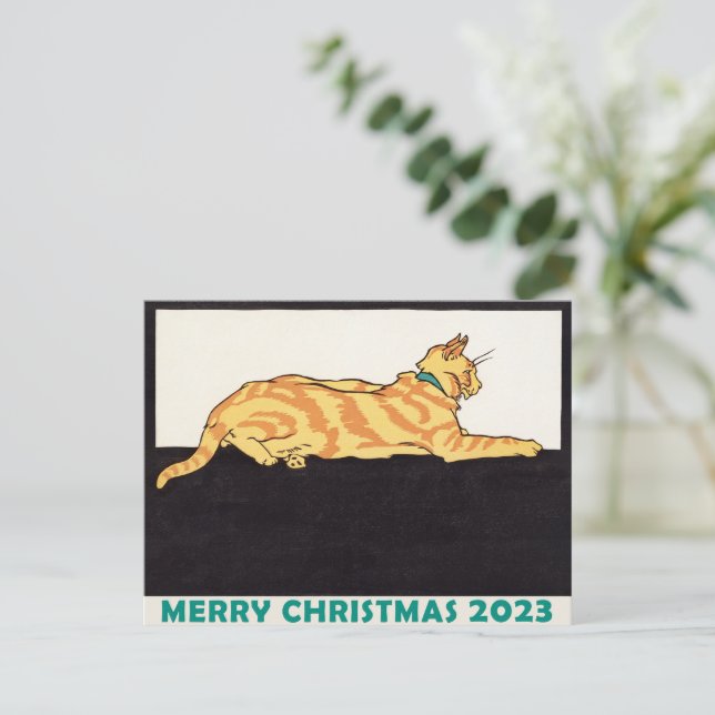 Ginger Striped Cat Merry Christmas Postcard (Standing Front)