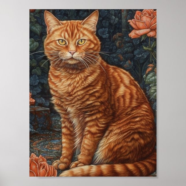 Ginger Tabby Cat and Roses Poster (Front)
