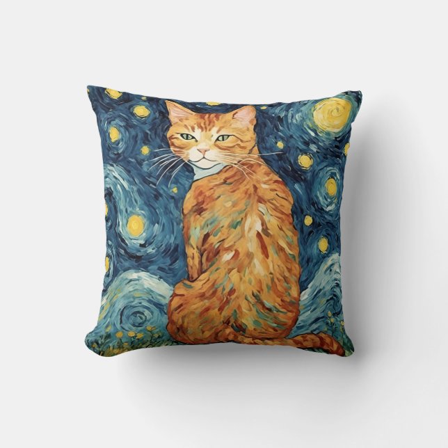 Ginger Tabby Cat in the Starry Night Cushion (Front)